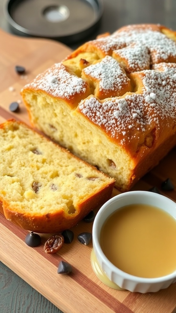 A loaf of bread pudding sliced, garnished with powdered sugar, served with vanilla sauce on a wooden board.